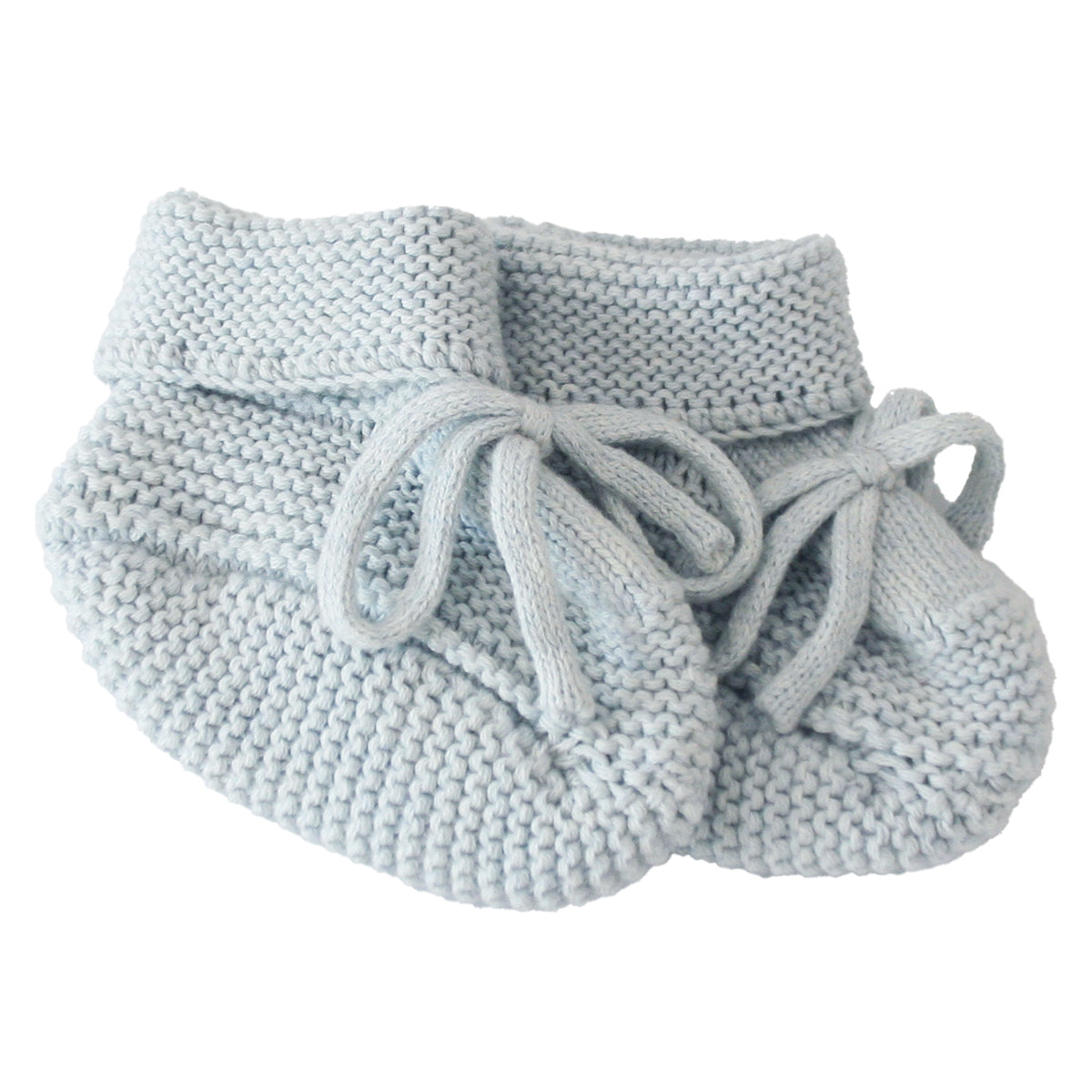 Soft light blue knit baby booties with folded cuffs and front ties for 0-6 months.