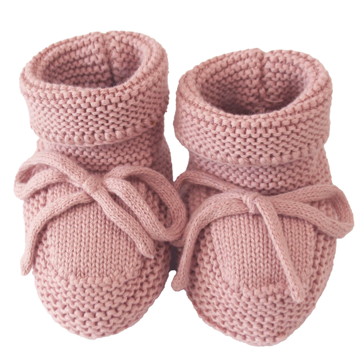Soft pink knitted baby booties with folded cuffs and tied bows, size 0-6 months.