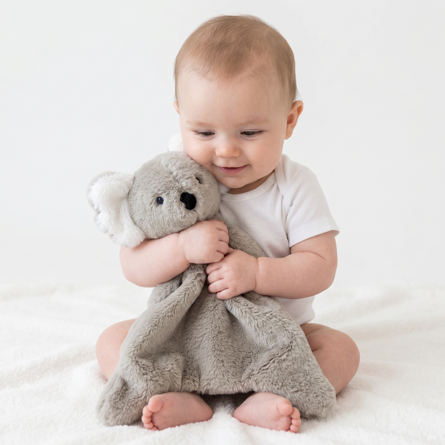 Baby cuddling soft gray koala plush security blanket with embroidered eyes and nose.