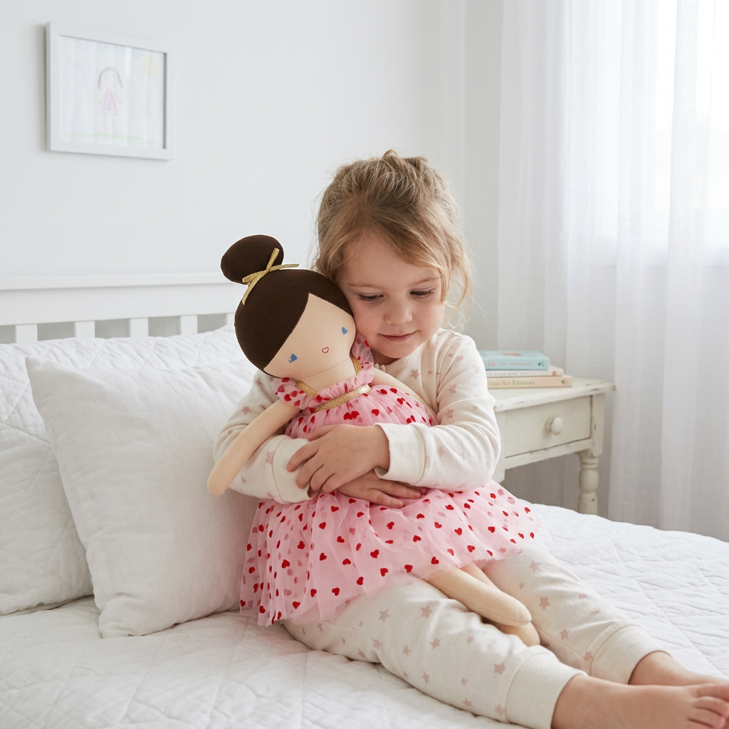 Soft cloth doll with dark brown hair in a bun, wearing a pink dress with red hearts, held by a child on a bed.