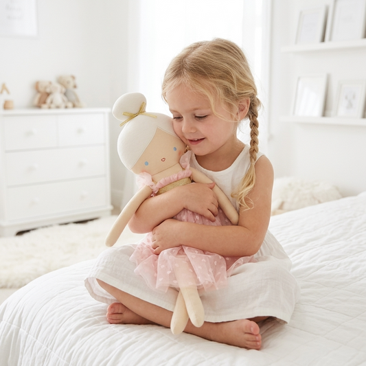 52cm soft fabric doll with pale pink dress and fabric bun hairstyle.