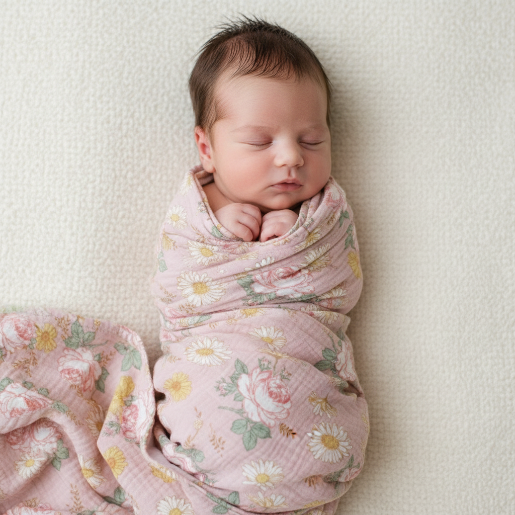 Sleeping newborn swaddled in pink muslin with white daisies and green leaves pattern.