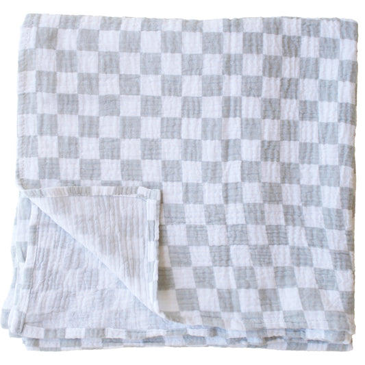 Dove grey and white muslin swaddle with a soft checkered pattern, lightweight and breathable fabric.