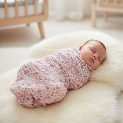 Soft muslin swaddle featuring a delicate rose garden pattern in pastel pinks and greens, wrapped around a sleeping baby.