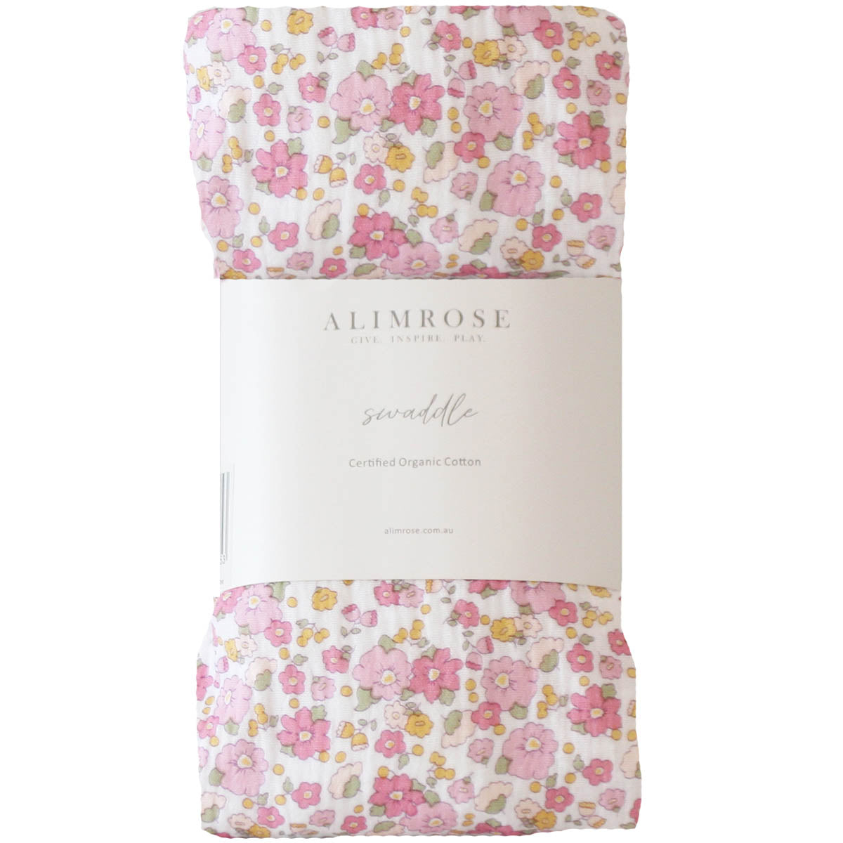 Soft muslin swaddle with pink, orange, and green rose garden floral pattern wrapped in white Alimrose label.