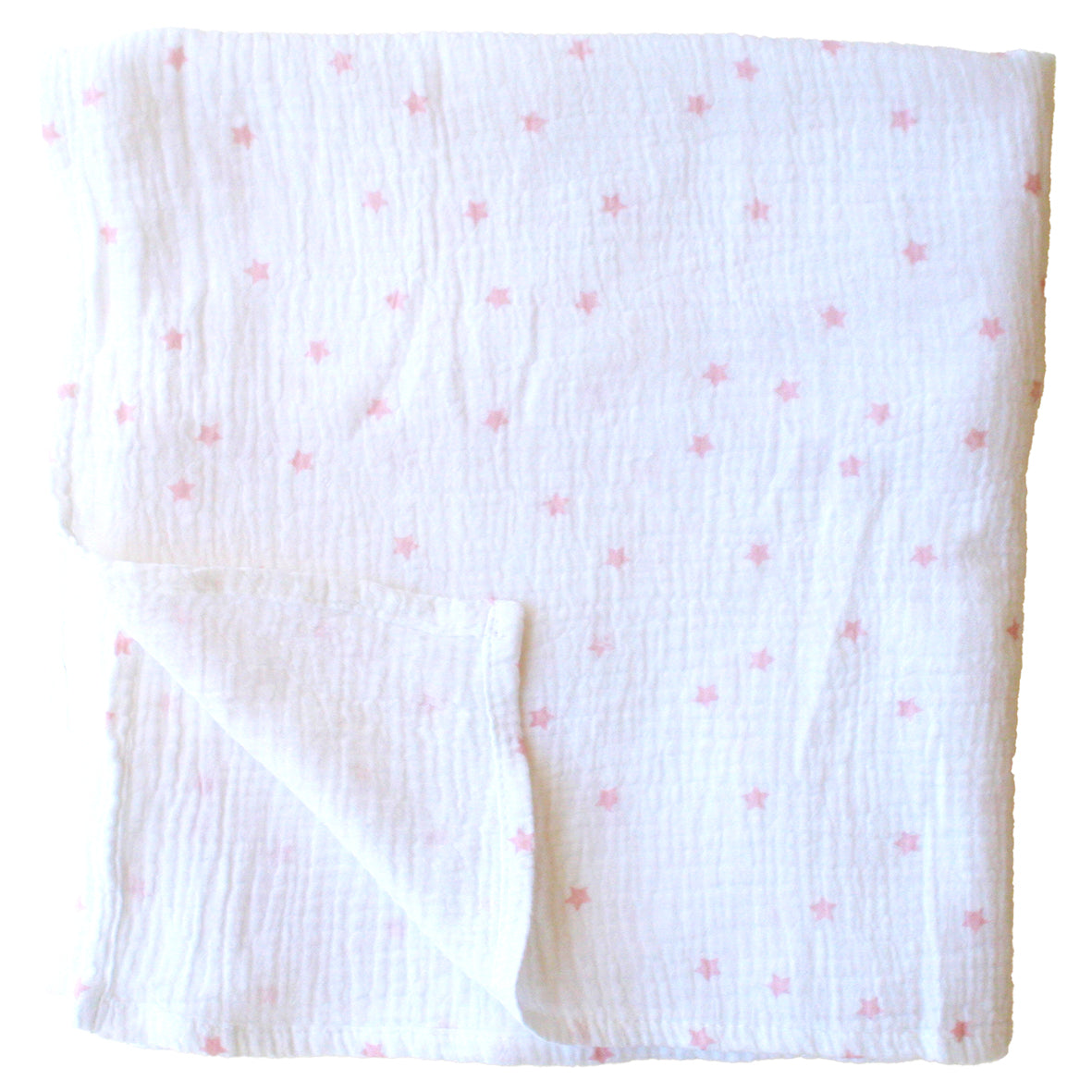 White muslin swaddle with soft pink star pattern, lightweight and breathable fabric.