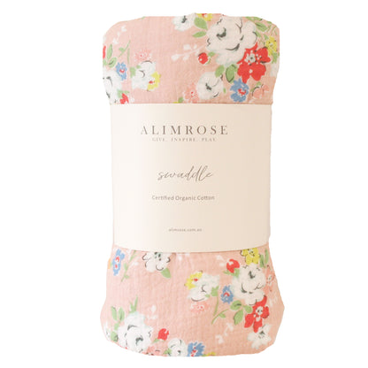 Alimrose Muslin Swaddle in Vintage Rose print, made from soft certified organic cotton, perfect for newborns.