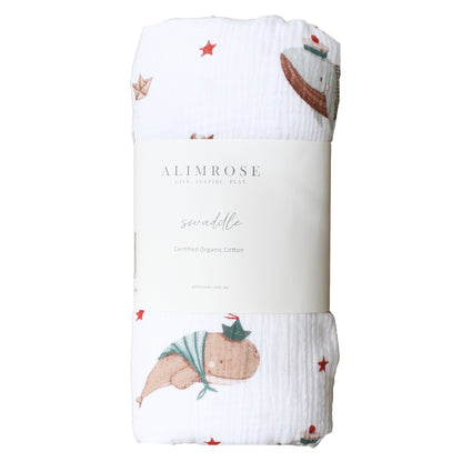 Alimrose swaddle with whales illustration on a white background