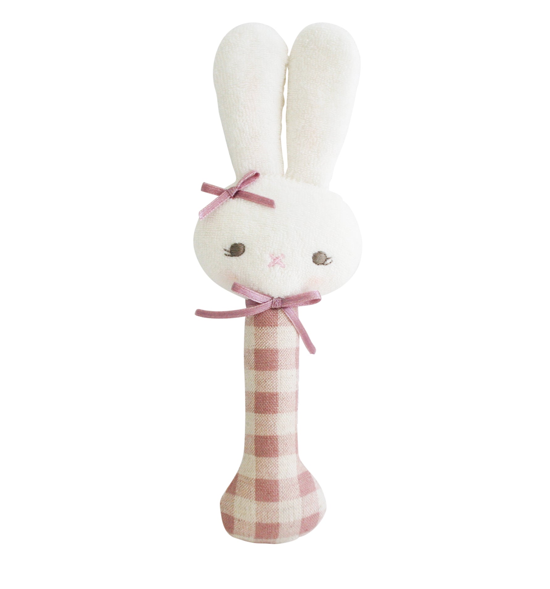 Soft white bunny rattle with pink checkered handle and pink ribbon bows.