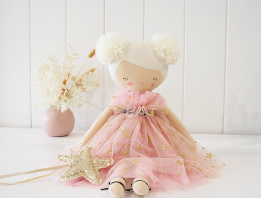 Alimrose Halle Ballerina Doll in pink tulle dress with pom-pom hair, designed for imaginative play and handcrafted quality.