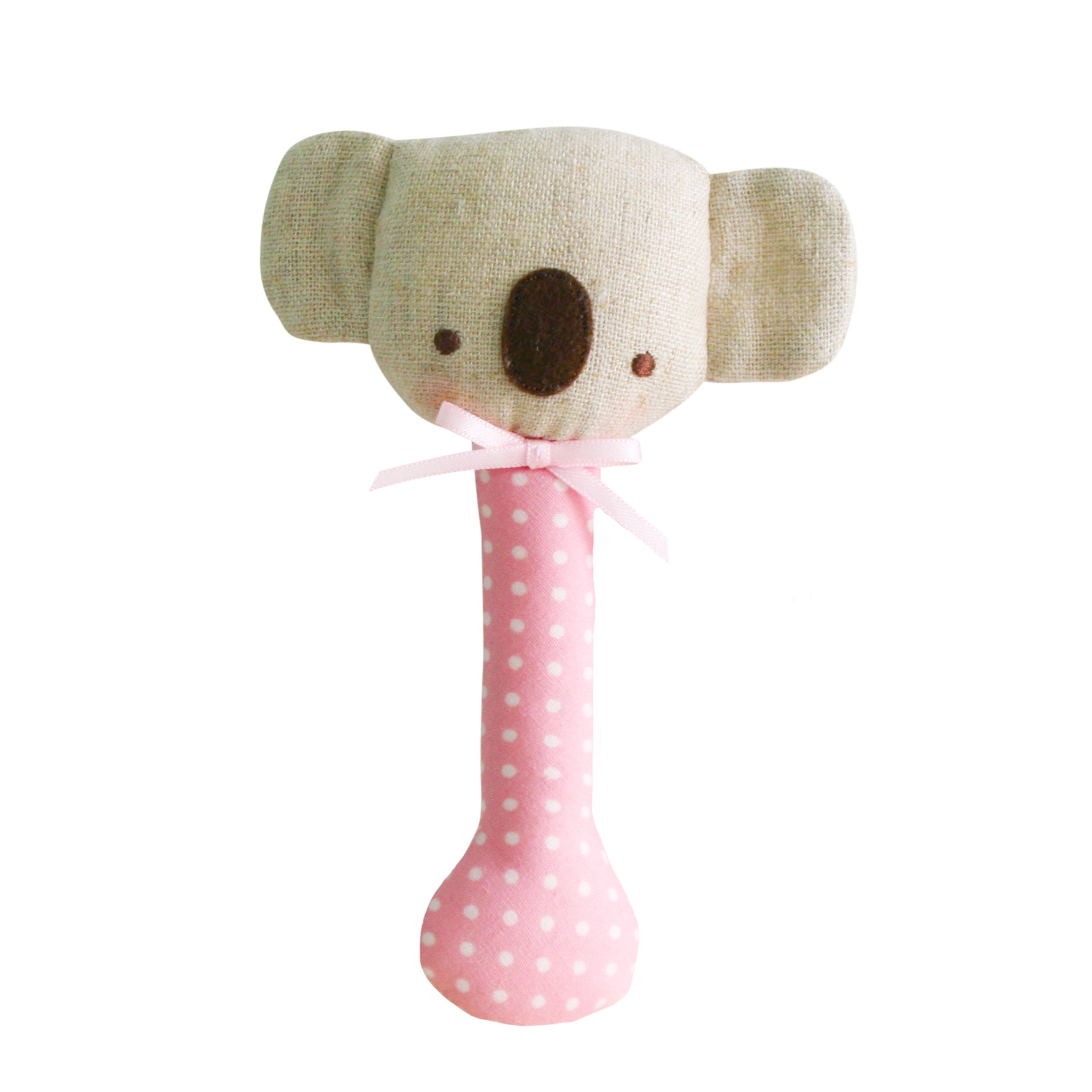 Pink koala-shaped baby rattle with white polka dots and cute facial features.