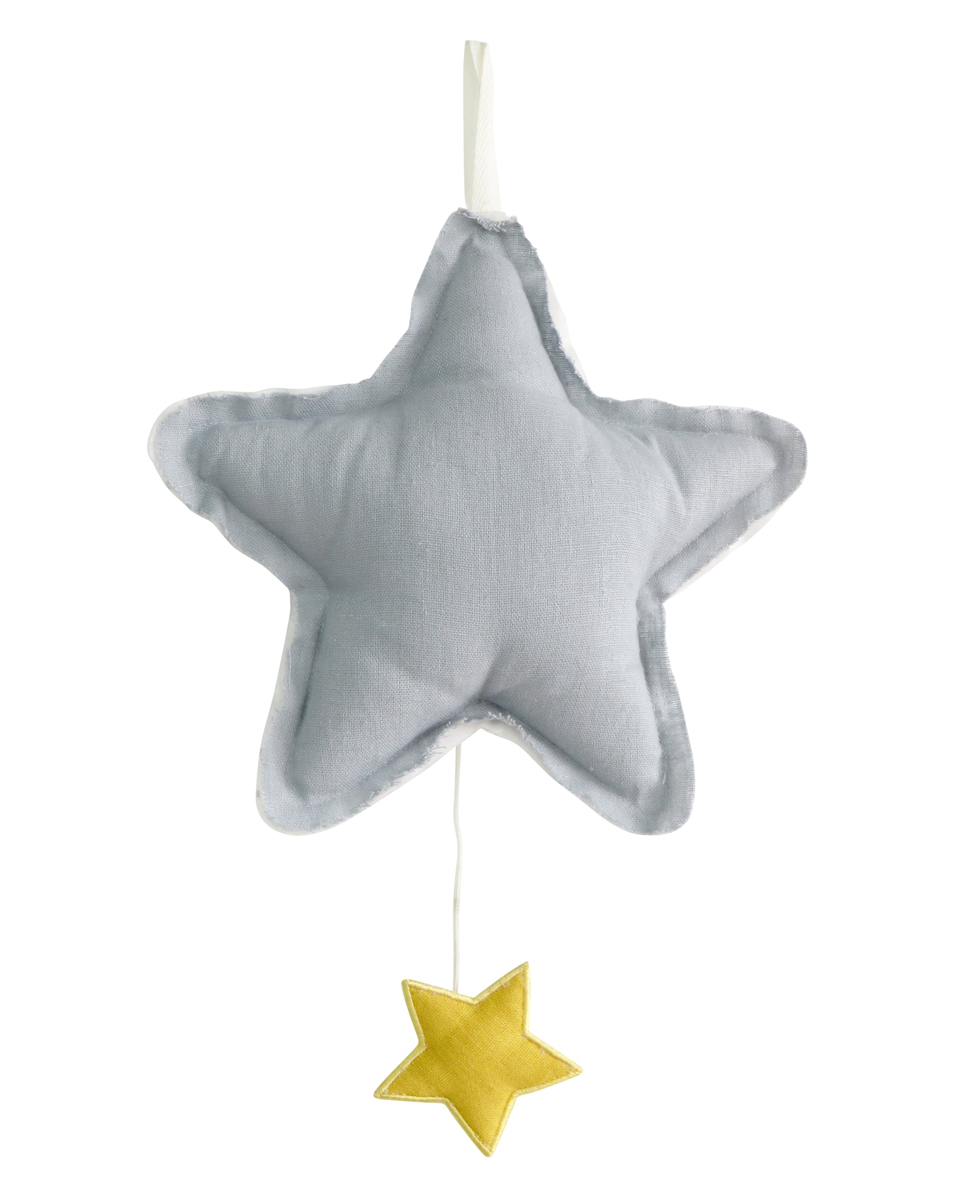 Grey linen star-shaped musical toy with small yellow star hanging below and white loop for hanging.