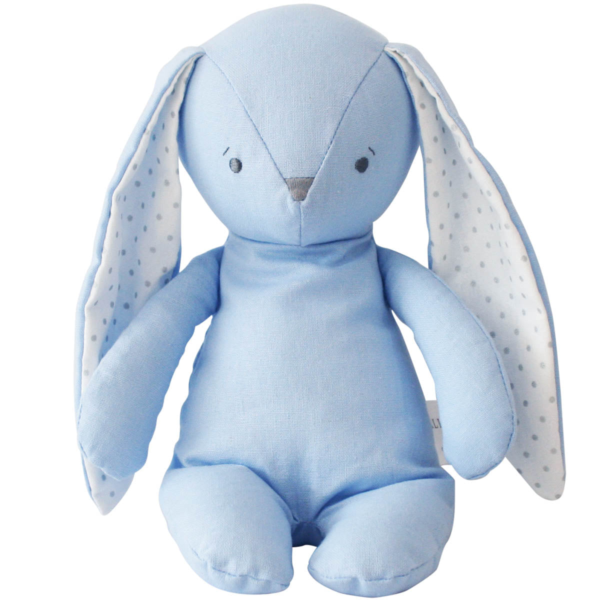 Soft blue fabric bunny plush with long floppy ears lined in white polka-dot fabric and simple stitched facial features.