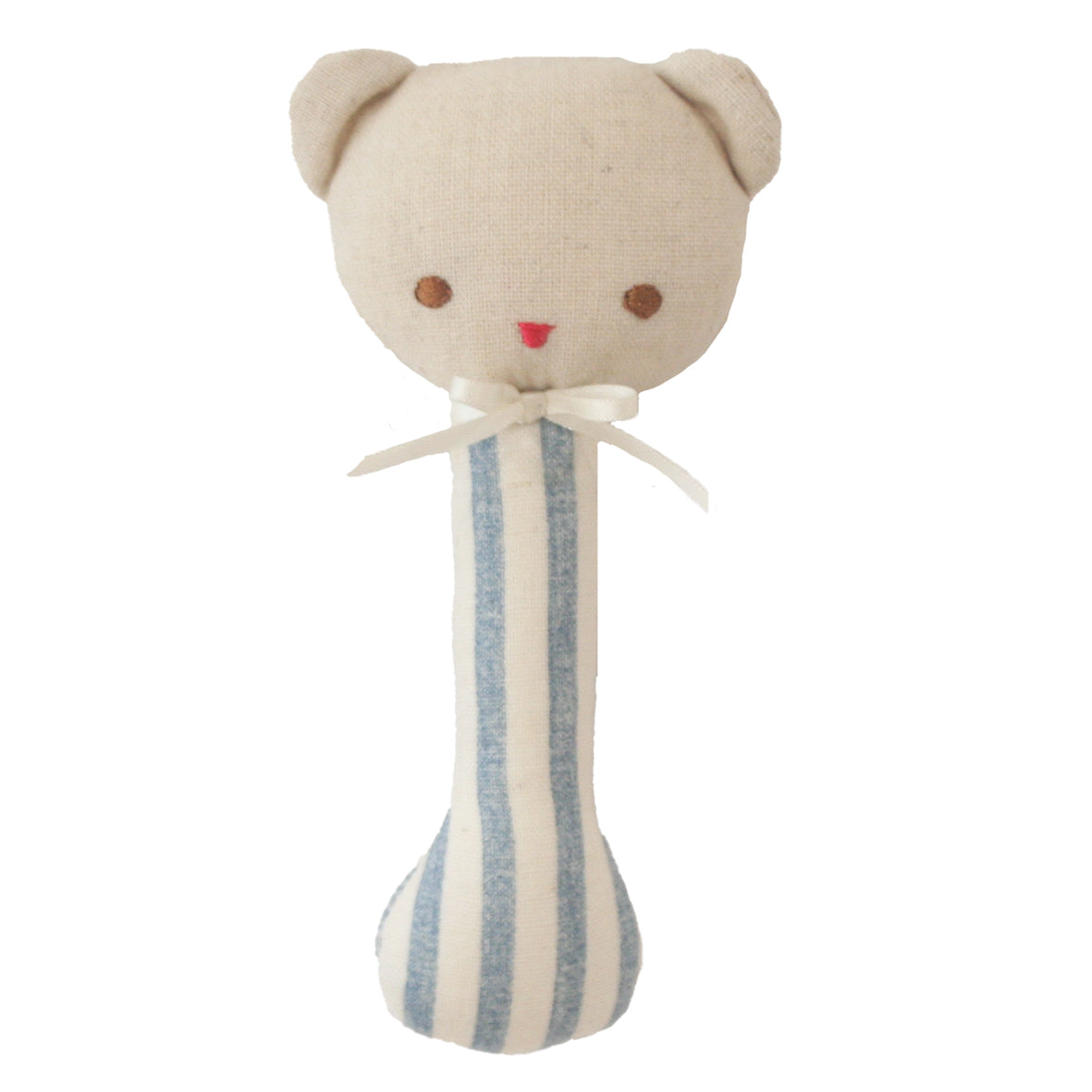 Beige teddy bear rattle with soft fabric head and blue-and-white striped handle, tied with a white ribbon bow.