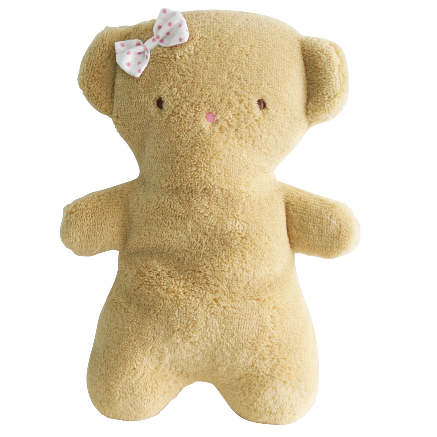 Small beige teddy bear plush with pink bow on ear and simple facial features.