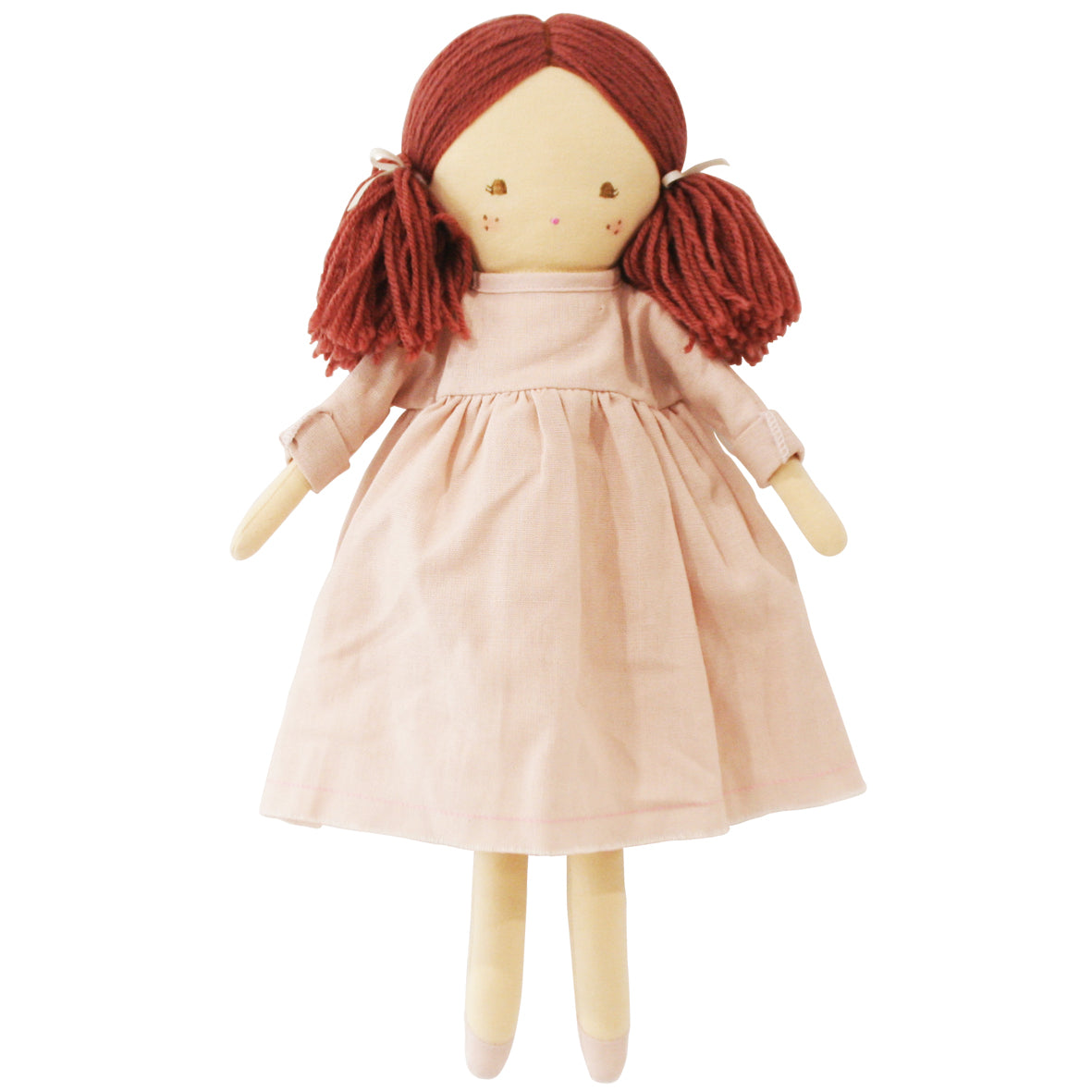 45cm soft cloth doll with red yarn hair in pigtails wearing a pale pink dress.