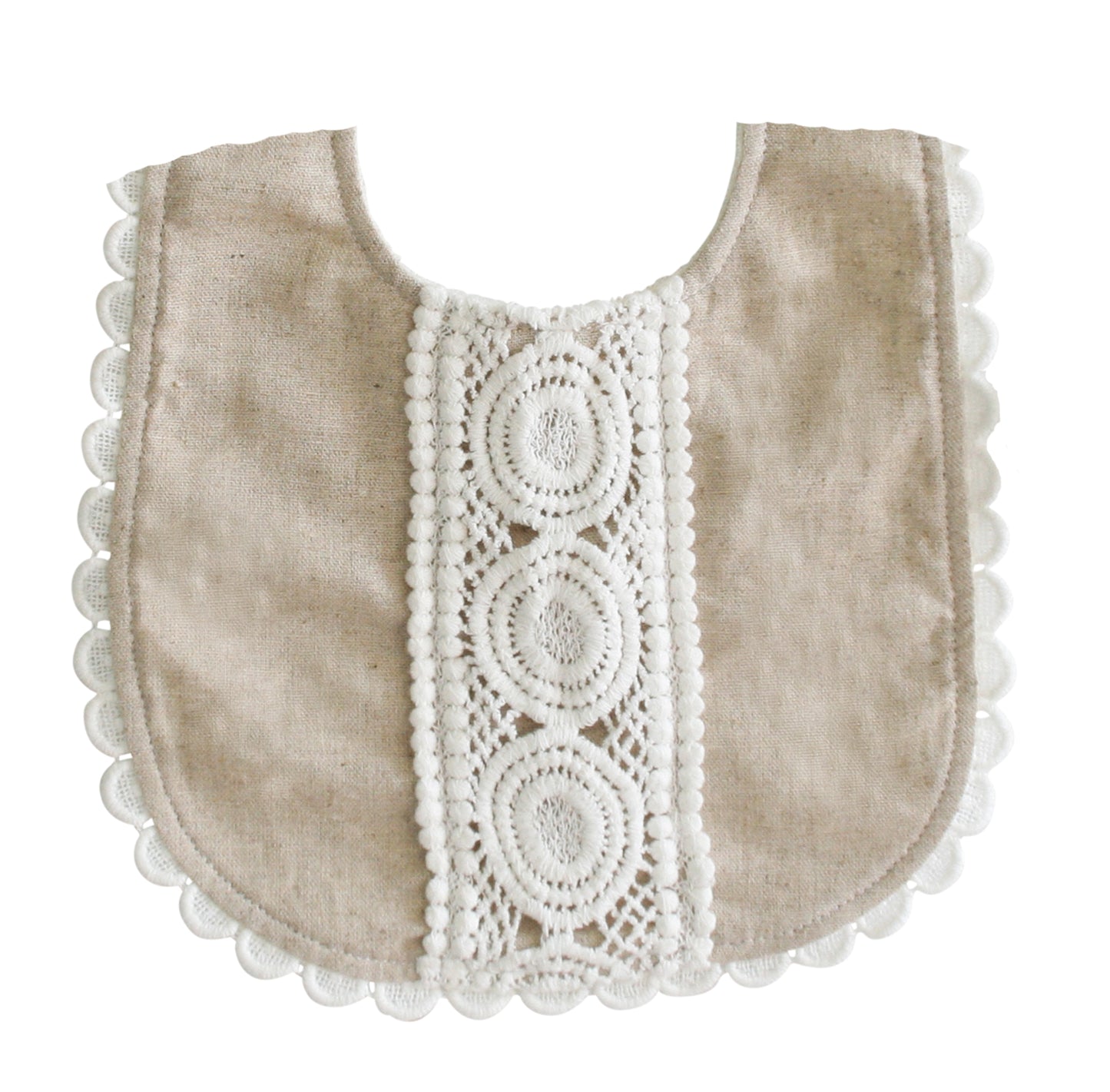 Natural linen baby bib with scalloped lace edging and oval lace details down the center.