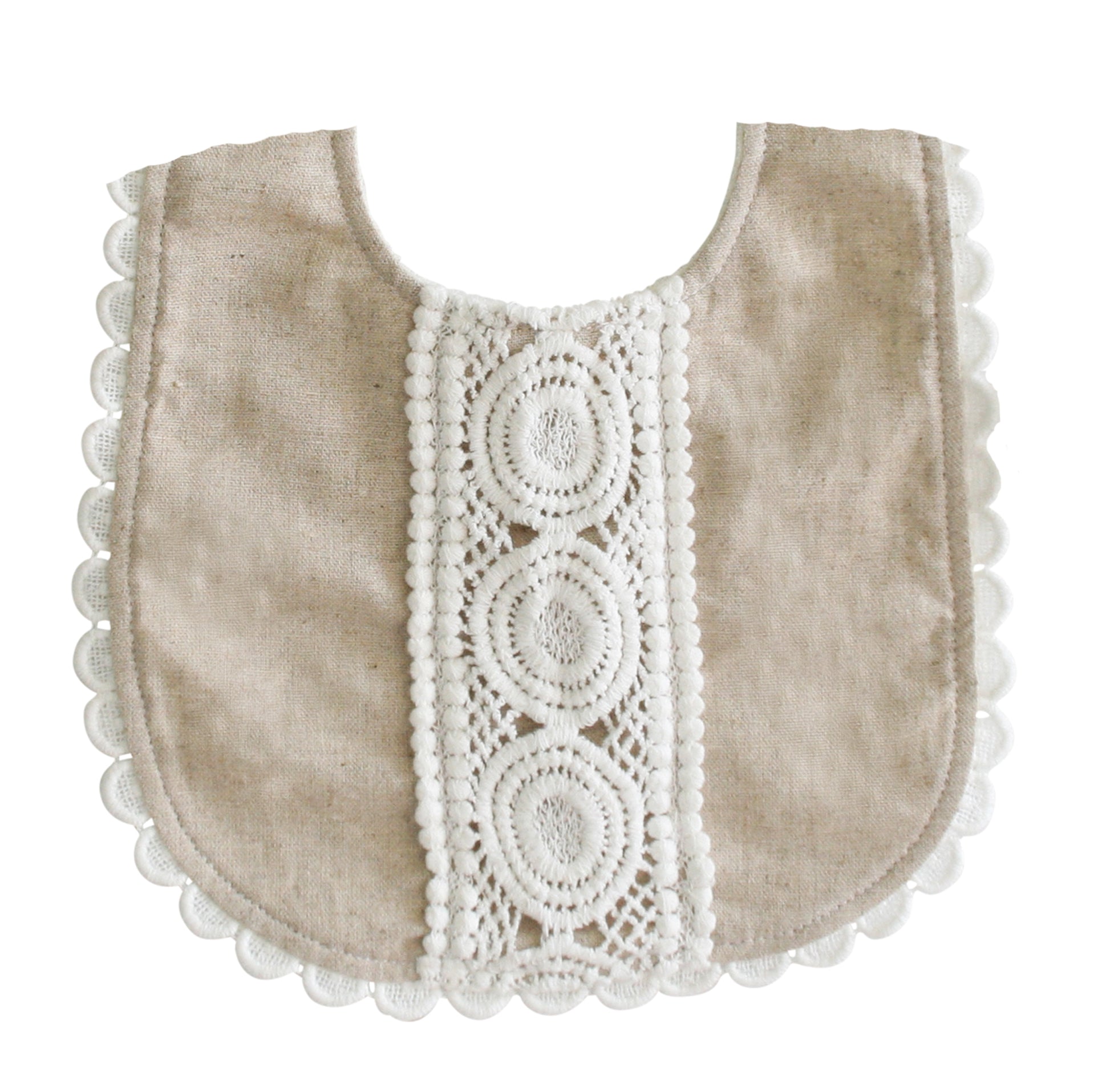 Natural linen baby bib with scalloped lace edging and oval lace details down the center.