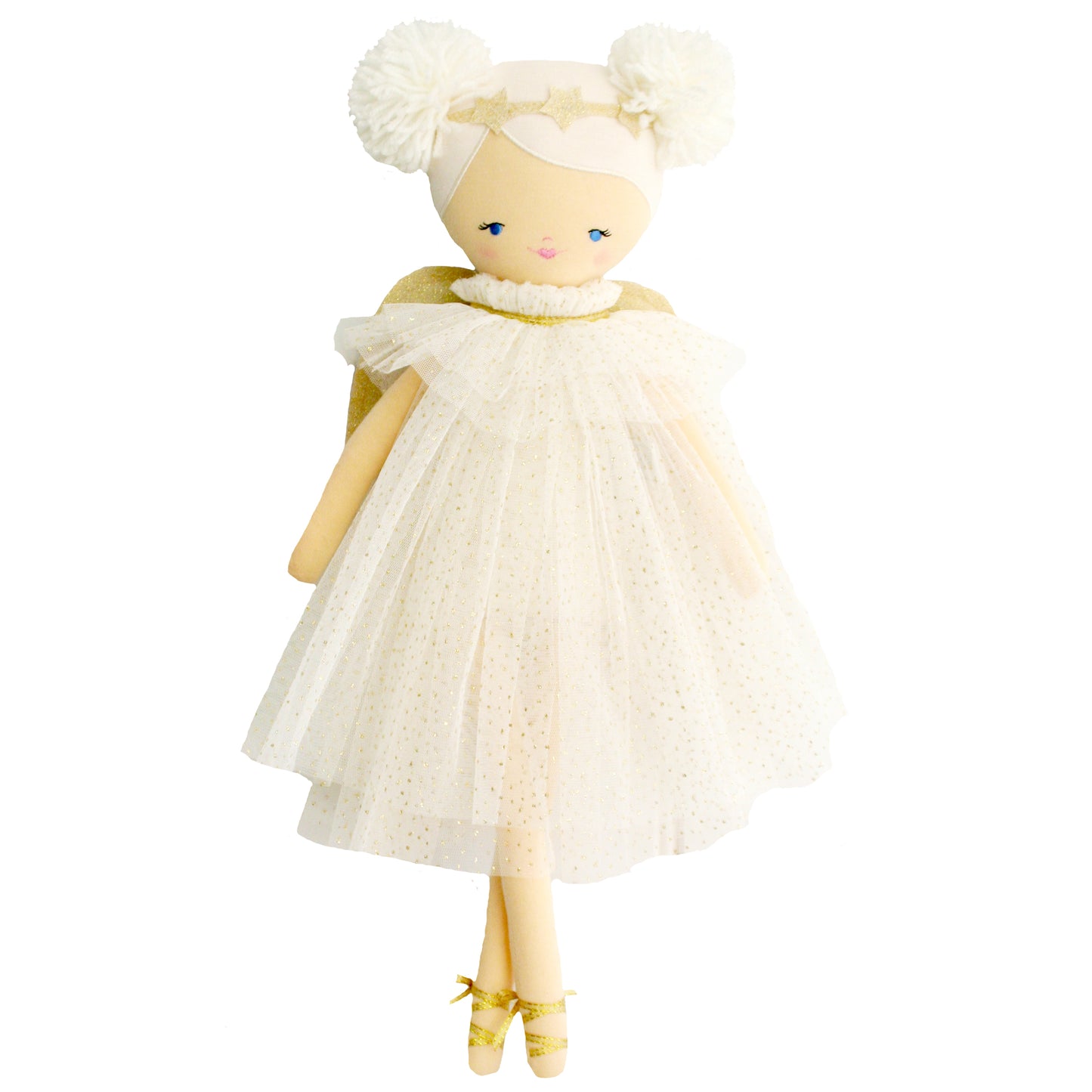 Ivory doll with gold-speckled tulle dress, ruffled collar, pom-pom hair buns, and gold ballet slippers.