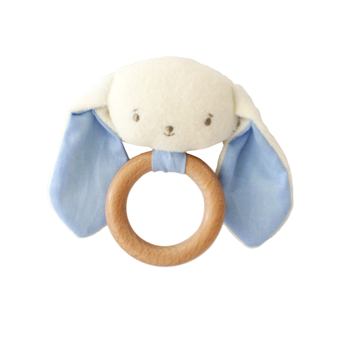 Plush bunny head with soft blue ears attached to smooth wooden teether ring.