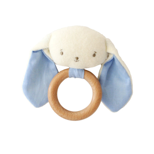 Plush bunny head with soft blue ears attached to smooth wooden teether ring.