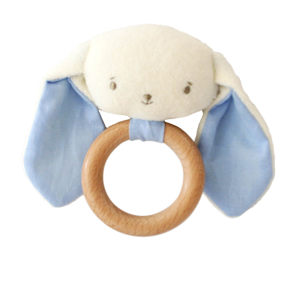 Soft cream bunny head with long floppy blue ears attached to a smooth wooden teether ring.