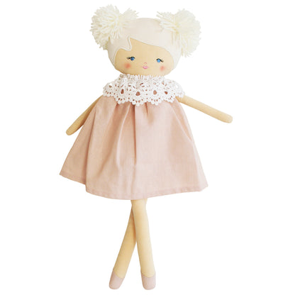Soft cloth doll with pale pink dress, white lace collar, and fluffy white hair buns.