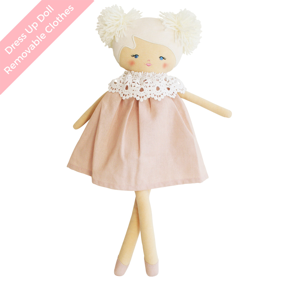 Soft fabric doll with pale pink dress, cream lace collar, and white yarn hair styled in two puffs.