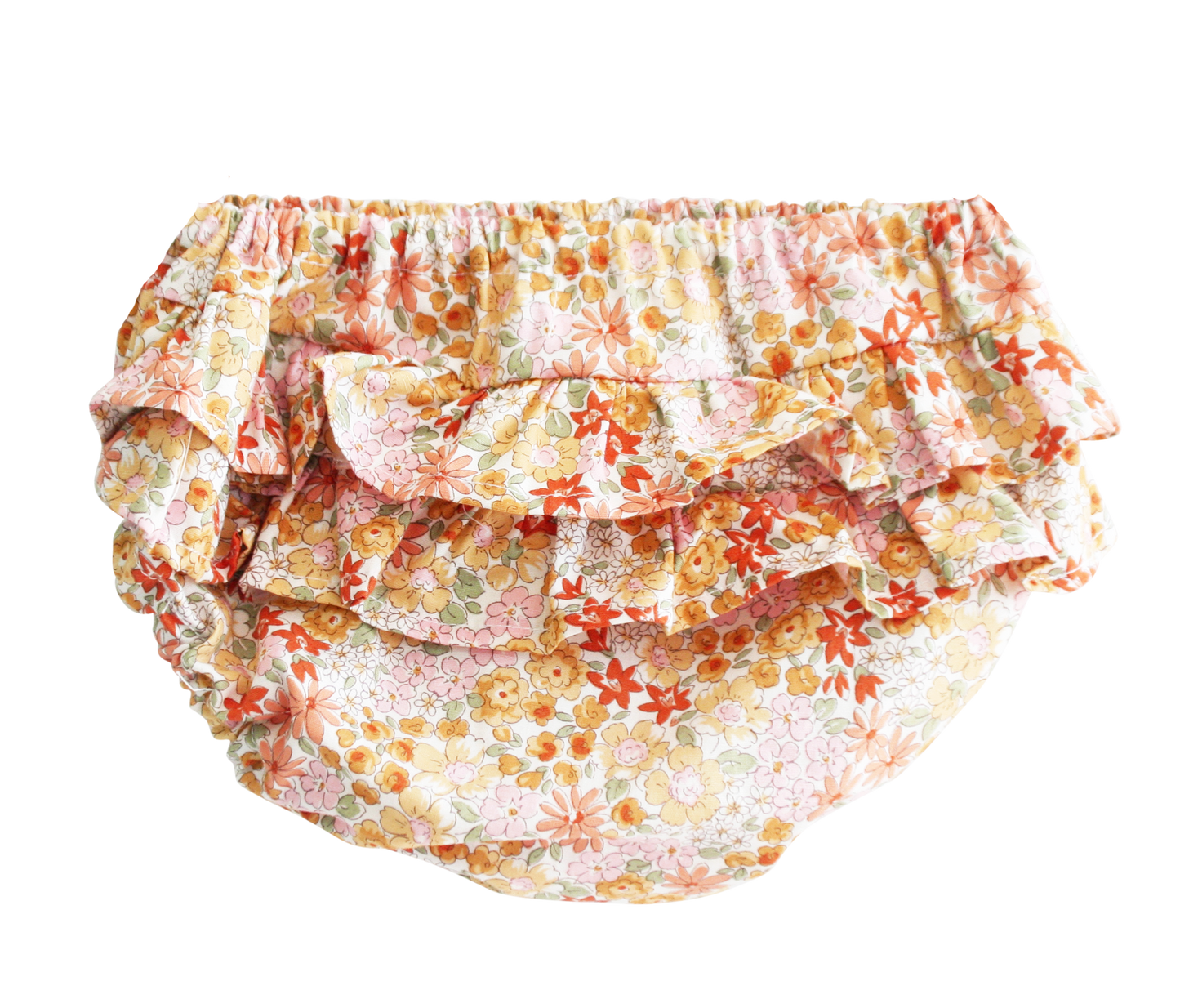 Baby bloomers in soft cotton with layered ruffles and a floral print in orange, pink, and yellow tones.