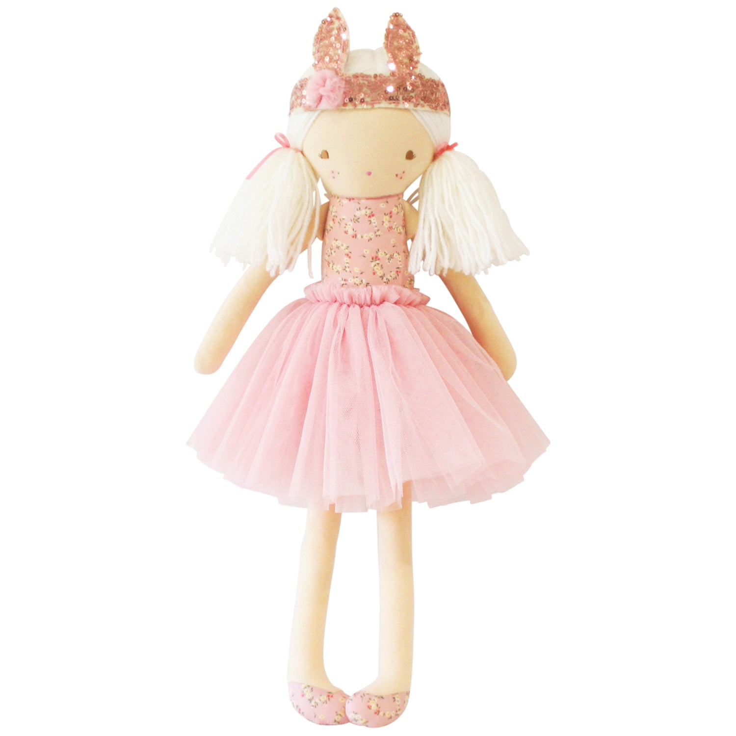 Soft cloth doll with blonde yarn hair, pink tulle dress, floral bodice, and matching bunny ear headband.