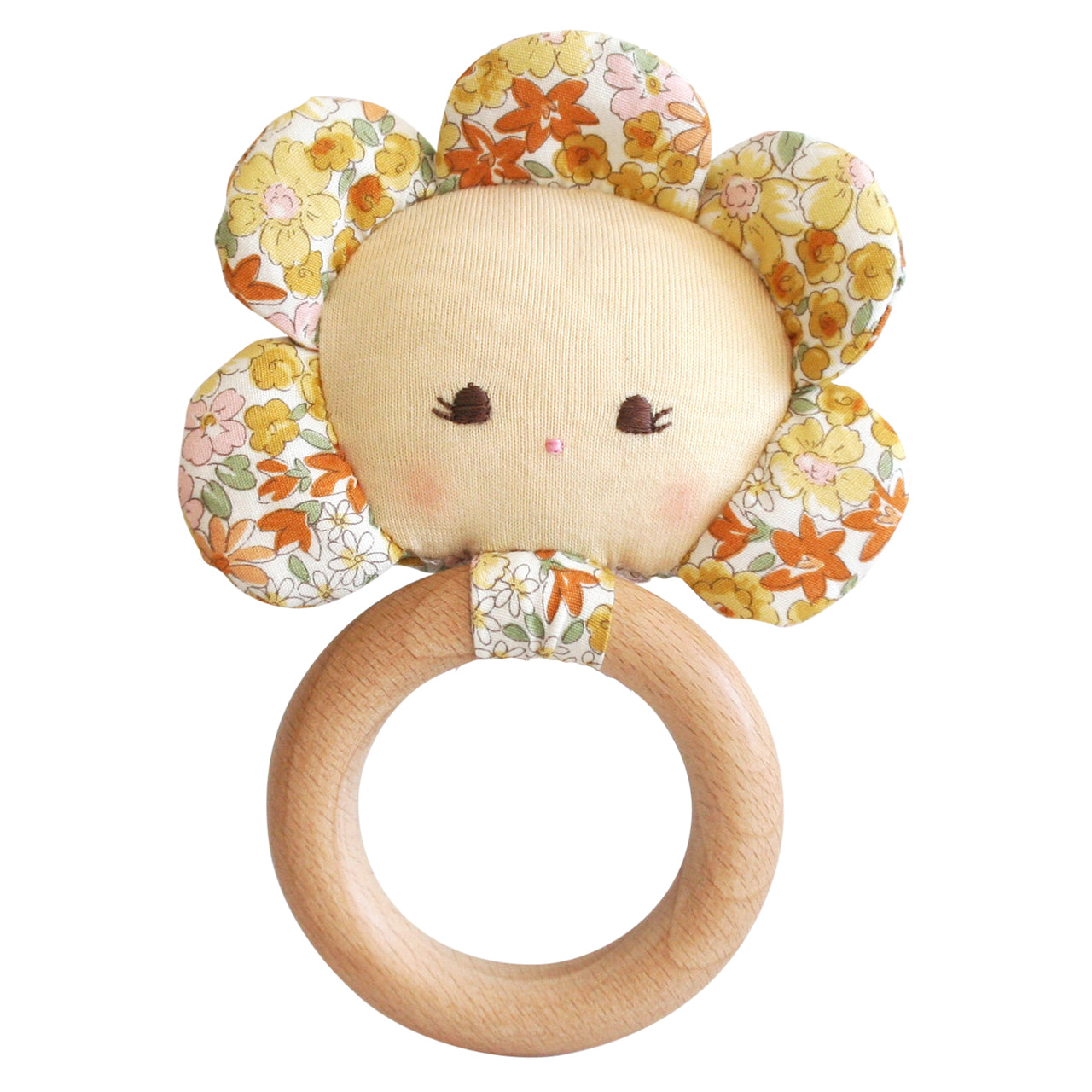 Soft fabric flower baby teether rattle with smiling face and wooden ring handle.