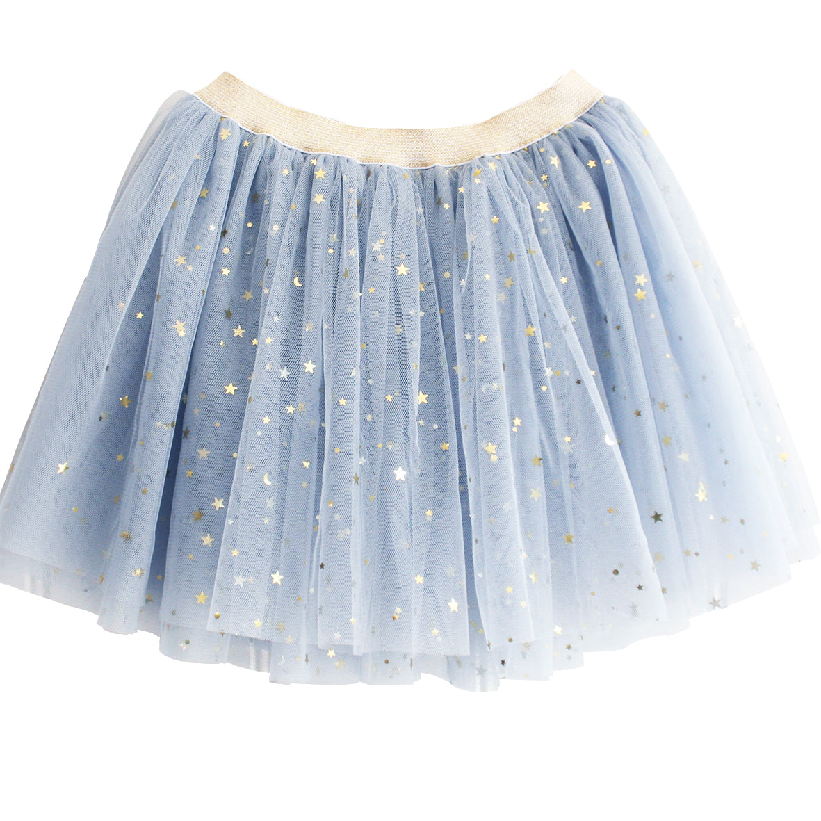 Light blue tulle tutu skirt with gold star and dot accents and a pale beige elastic waistband.