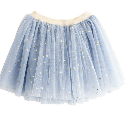Light blue tulle tutu skirt with gold star and dot accents and a pale beige elastic waistband.