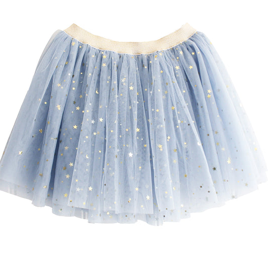 Light blue tulle tutu skirt with gold star and dot accents and a pale beige elastic waistband.