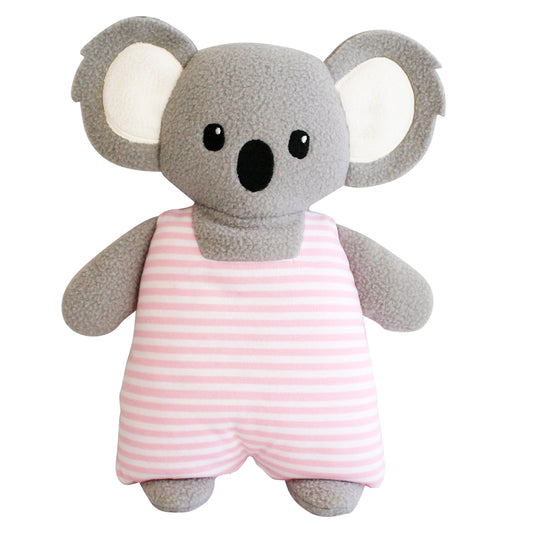Plush grey koala with large ears wearing pink and white striped romper, 25cm tall.