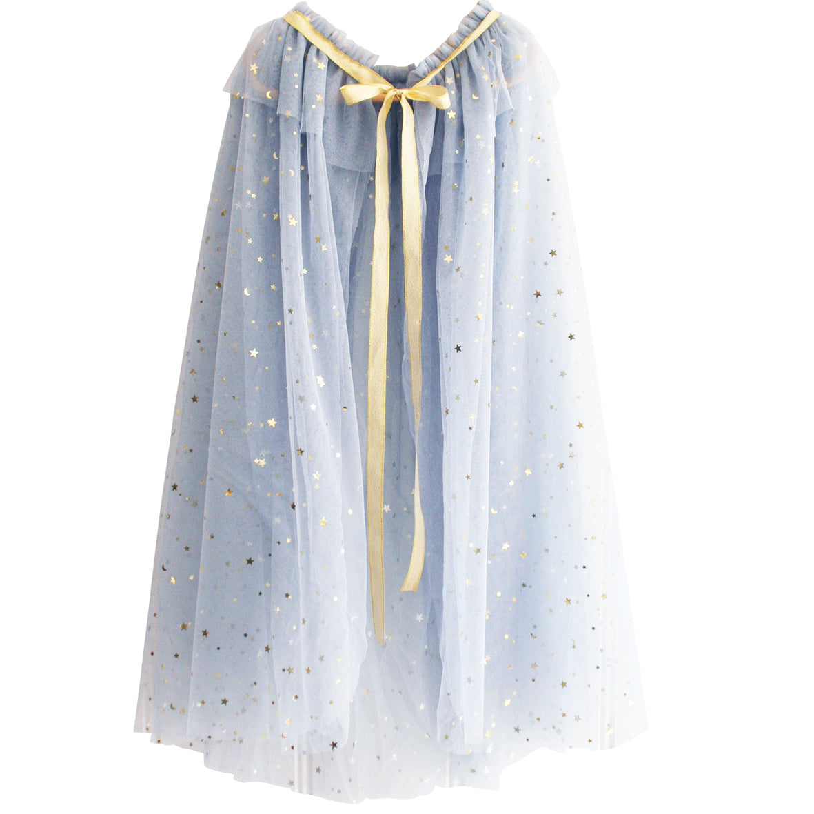 Light grey tulle cape with gold star and dot accents, tied with a gold satin ribbon at the neck.