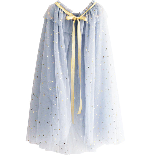 Light grey tulle cape with gold star and dot accents, tied with a gold satin ribbon at the neck.