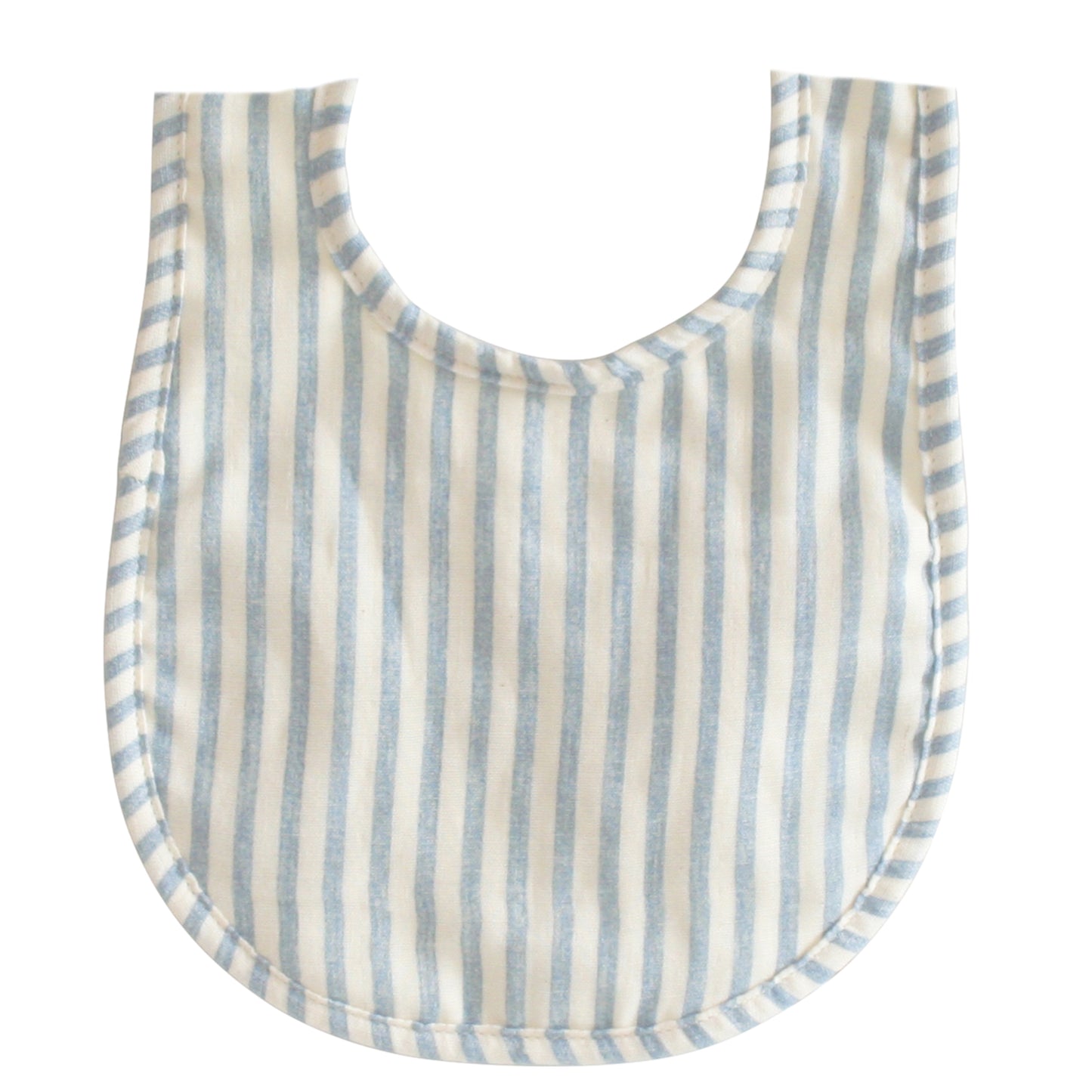 Light blue and white striped baby bib with rounded edges and soft fabric texture.