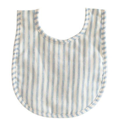 Light blue and white striped baby bib with rounded edges and soft fabric texture.
