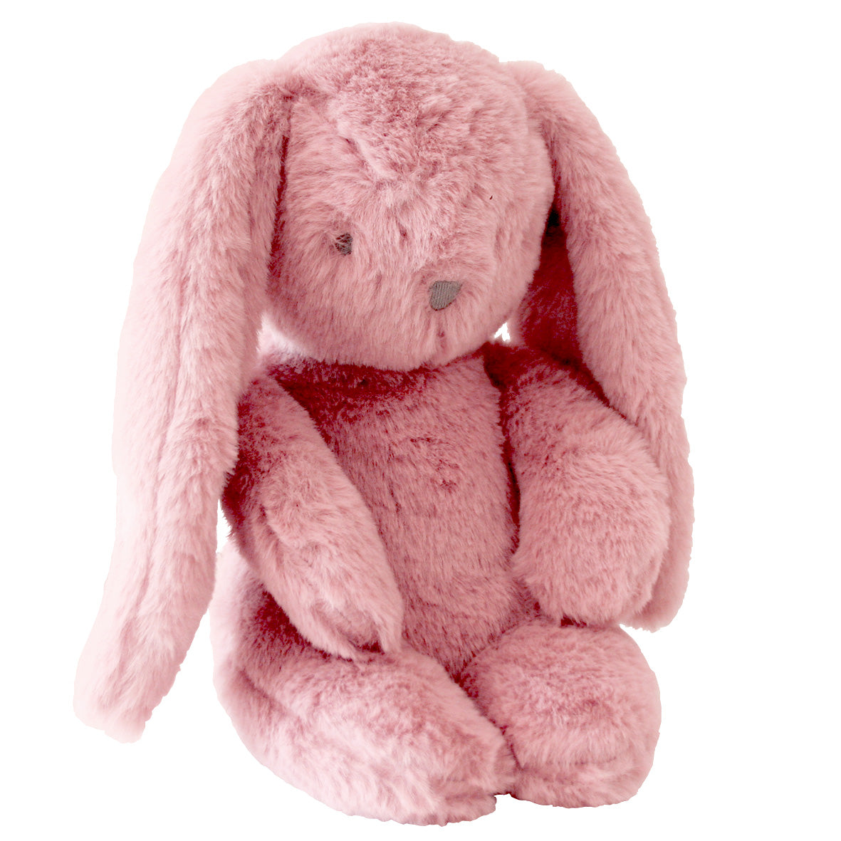 Soft pink plush bunny with long floppy ears, round body, and embroidered nose and eyes.