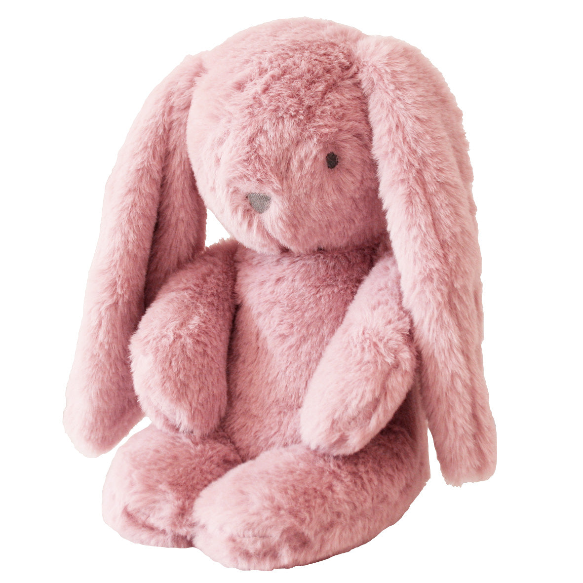 Soft plush baby bunny in muted pink with long floppy ears and embroidered facial features.