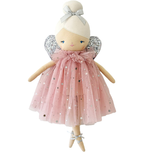 43cm fabric fairy doll with silver glitter wings, pink tulle dress, and blonde bun hair.