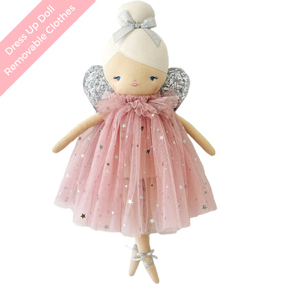 43cm cloth fairy doll with pale pink tulle dress, silver star pattern, silver wings, and blonde bun hair.