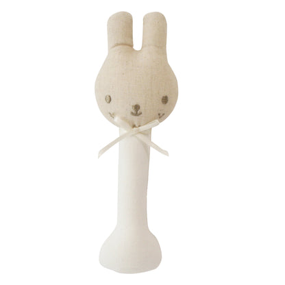 Ivory linen bunny rattle with embroidered face and ribbon bow tie.