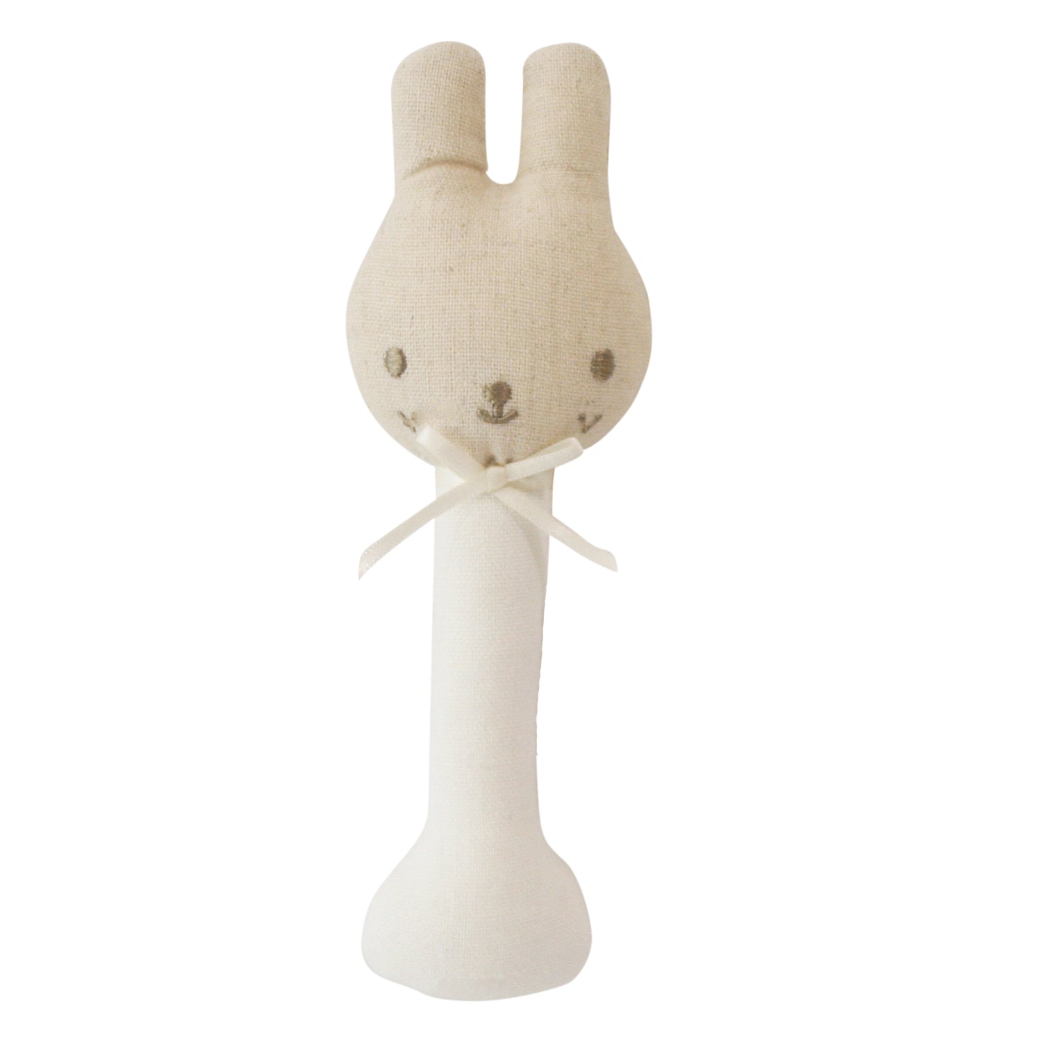 Beige fabric baby rattle with a bunny head, embroidered face, and soft white handle tied with a ribbon.