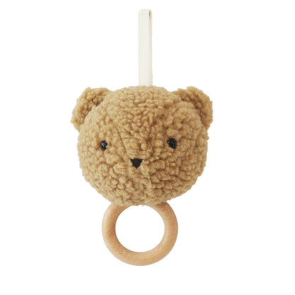 Alimrose Charlie Bear Musical toy featuring soft sherpa fabric and wooden ring for a soothing nursery accessory.