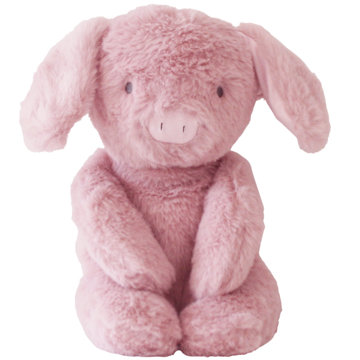 Soft pink plush pig toy with floppy ears, round snout, and sitting posture, 28cm tall.