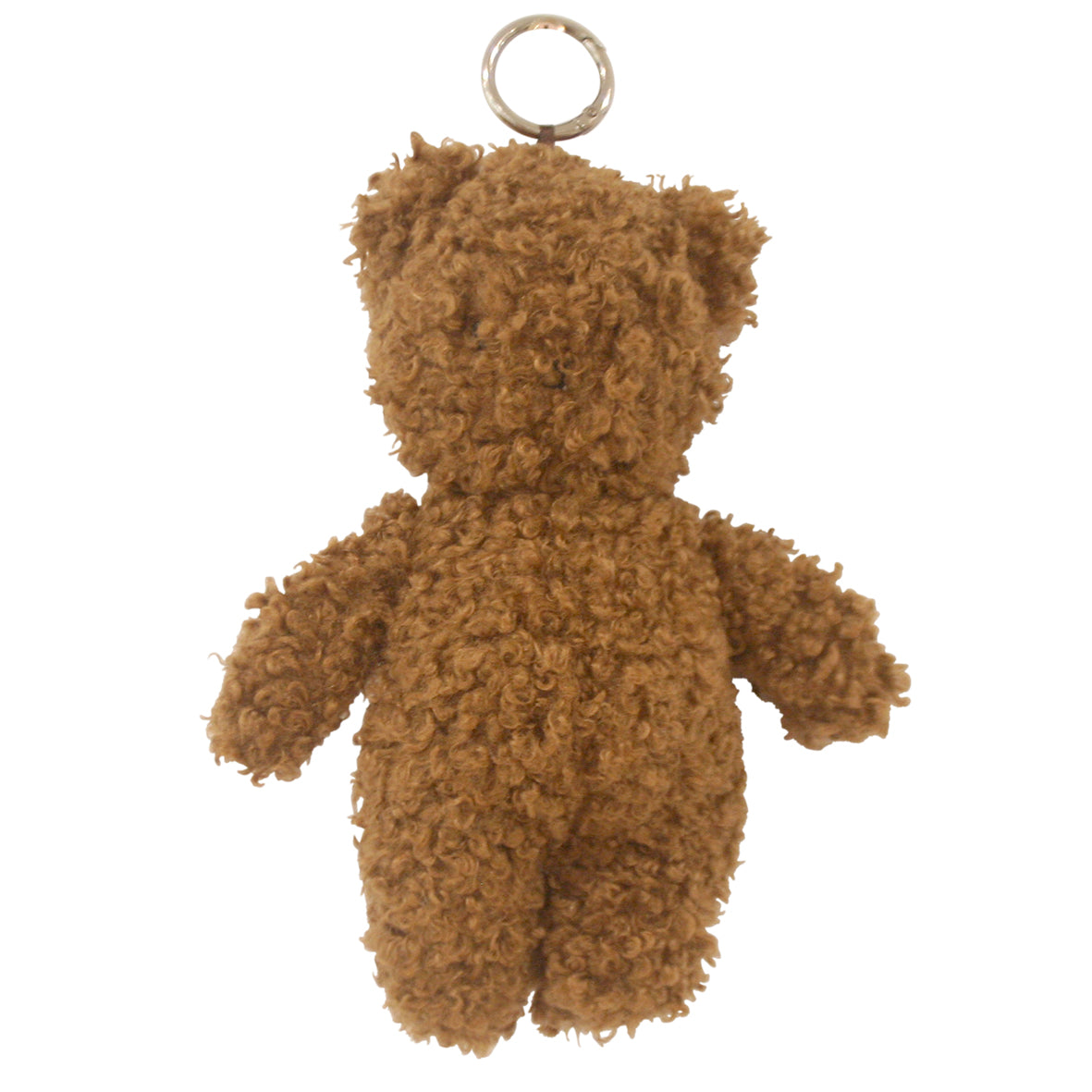 Small chocolate brown plush bear bag charm with curly fur and a silver metal keyring attached at the top.
