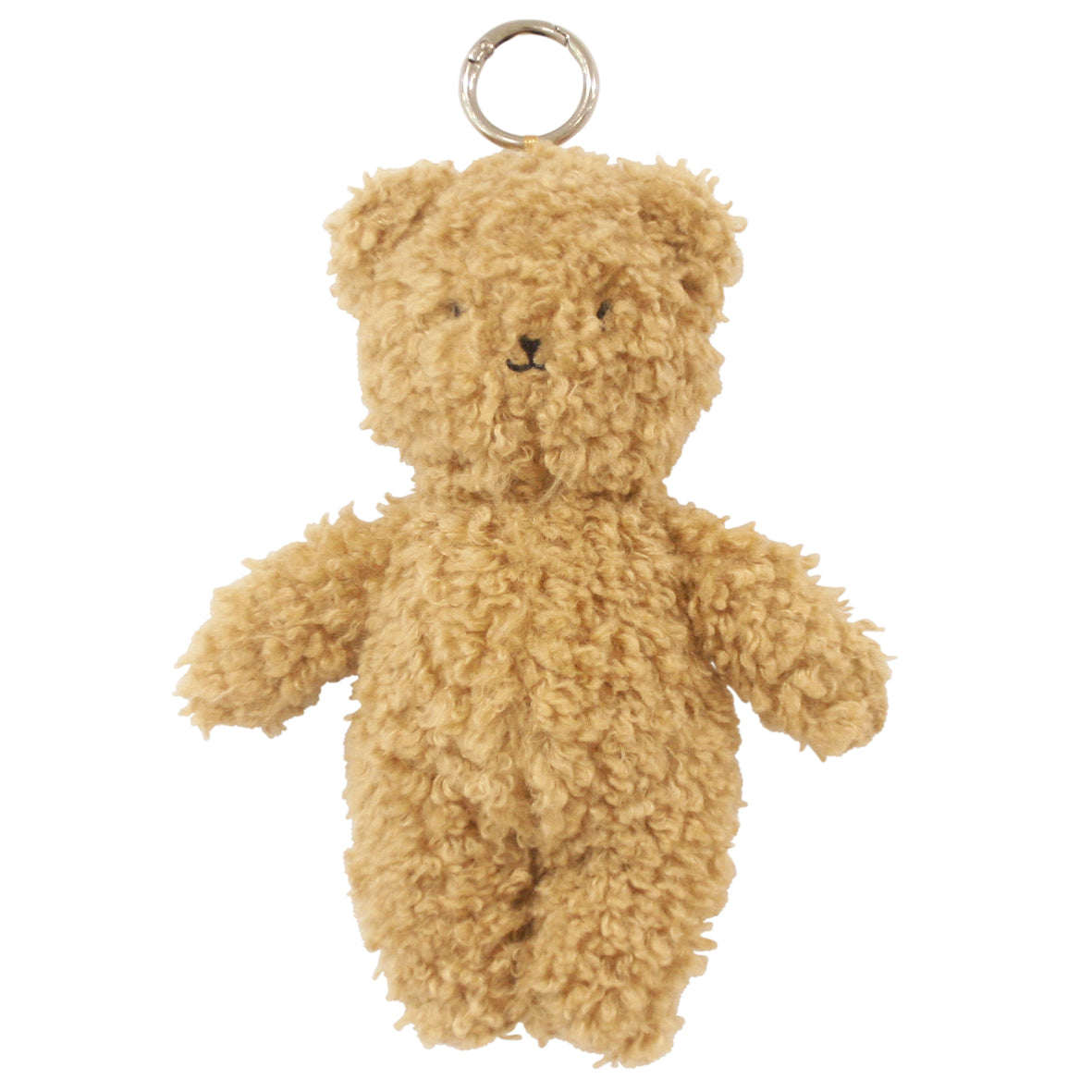 Caramel-colored curly plush bear bag charm with silver keyring attached.