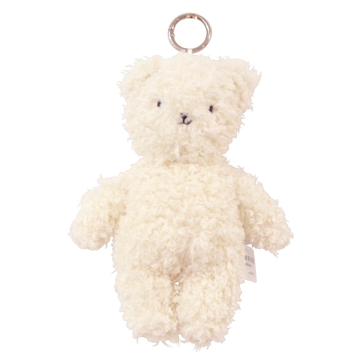 Ivory plush bear bag charm with curly fur and metal ring attachment.